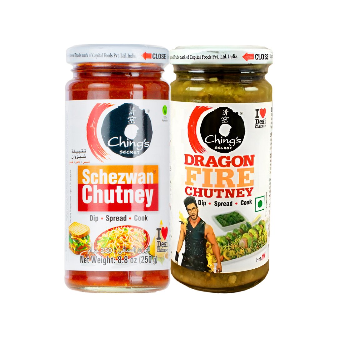 CHINGS SCHEZWAN CHUTNEY + DRAGON  FIRE CHUTNEY 2 X 250G